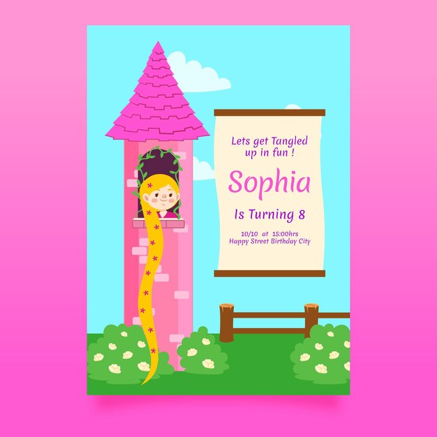 Invitación de cumpleaños de rapunzel plana