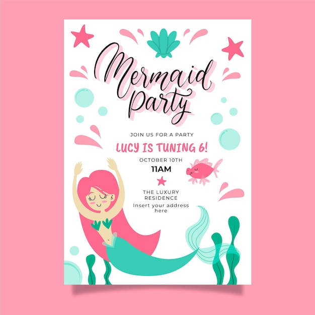 Invitación de cumpleaños de sirena dibujada a mano