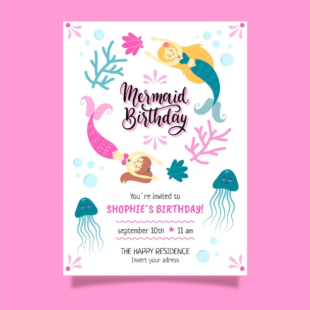 Invitación de cumpleaños de sirena dibujada a mano