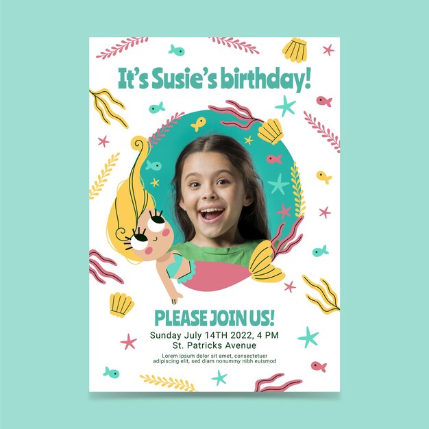 Invitación de cumpleaños de sirena plana con foto