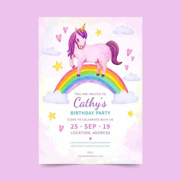 Vector gratuito invitación de cumpleaños unicornio acuarela pintada a mano