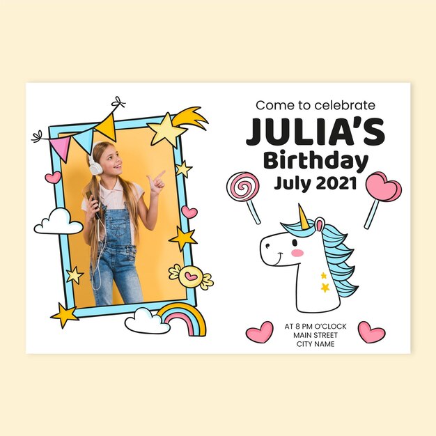 Invitación de cumpleaños de unicornio dibujada a mano con plantilla de foto