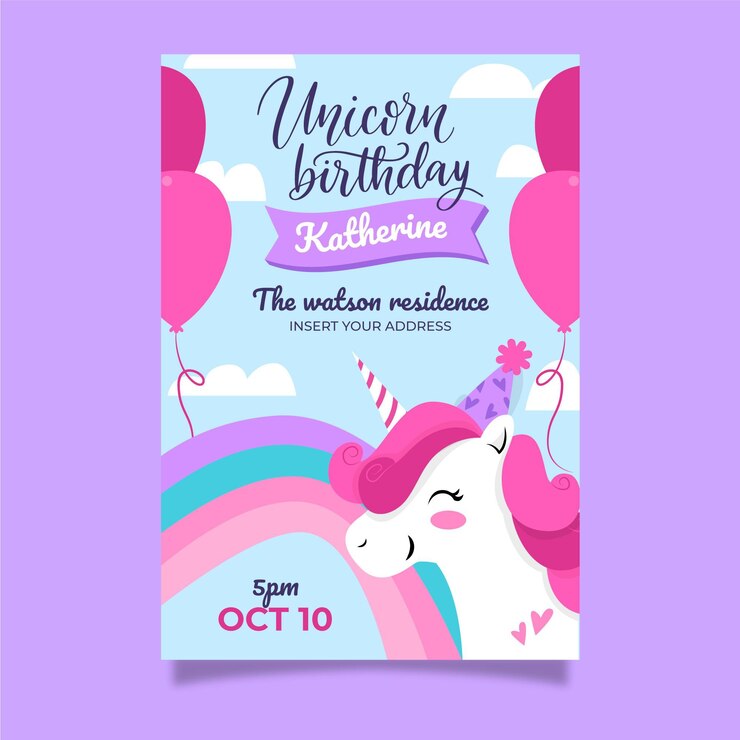 Vector gratuito invitación de cumpleaños unicornio dibujado a mano
