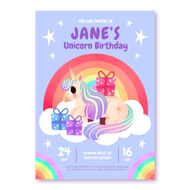 Invitación de cumpleaños unicornio dibujado a mano