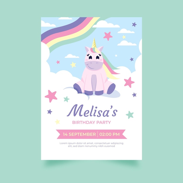 Invitación de cumpleaños de unicornio de dibujos animados