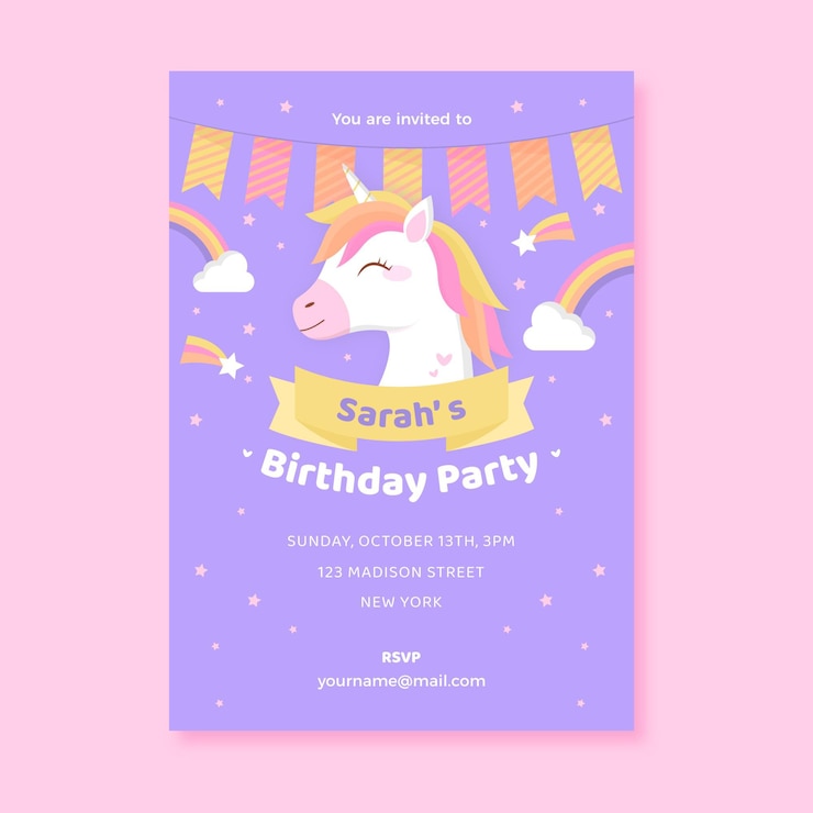Vector gratuito invitación de cumpleaños unicornio plana