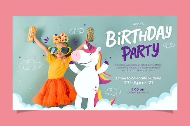 Invitación de cumpleaños de unicornio plano orgánico con foto