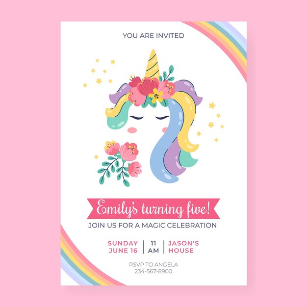 Invitación de cumpleaños de unicornio plano orgánico