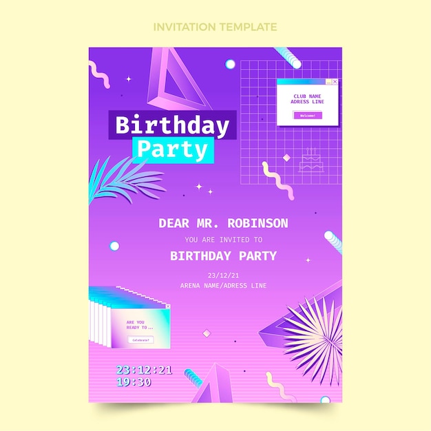 Invitación de cumpleaños de vaporwave retro degradado