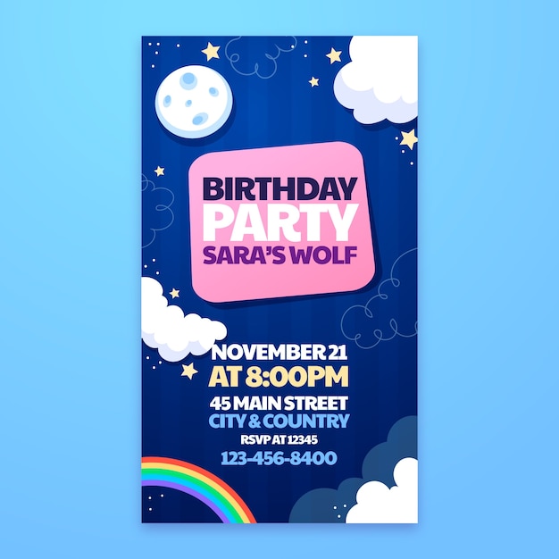 Invitación digital de cumpleaños de diseño plano