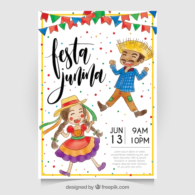 Invitación de festa junina de acuarela con simpáticos personajes