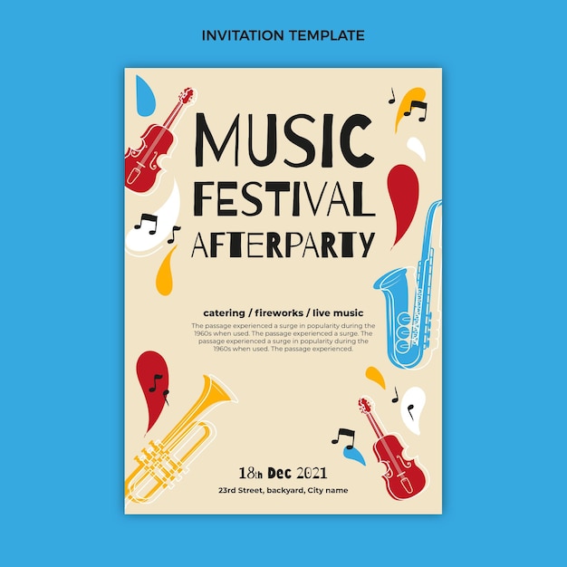 Vector gratuito invitación festival de instrumentos musicales dibujados a mano