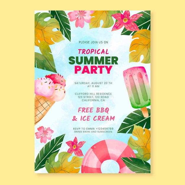 Invitación de fiesta de acuarela para la temporada de verano.
