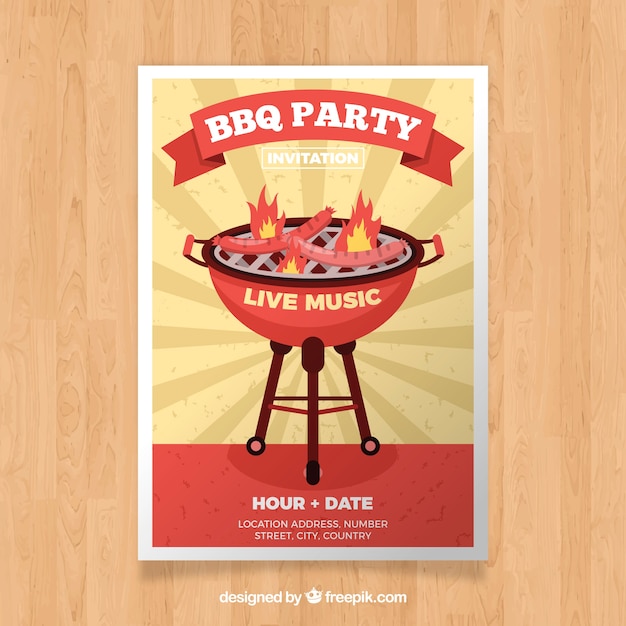 Vector gratuito invitación a la fiesta de barbacoa en diseño plano