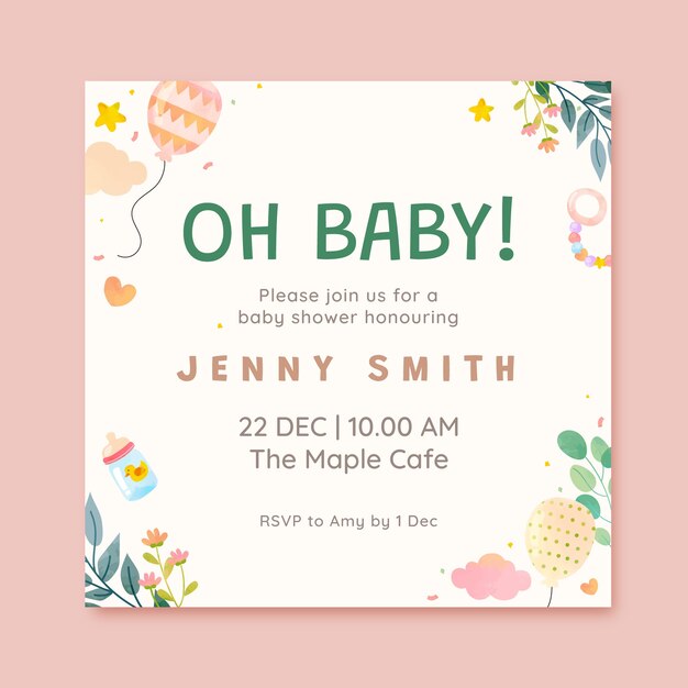 Invitación para la fiesta del bebé en acuarela.