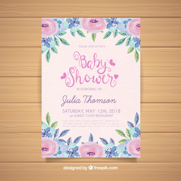 Invitación de fiesta del bebé con flores en estilo acuarela