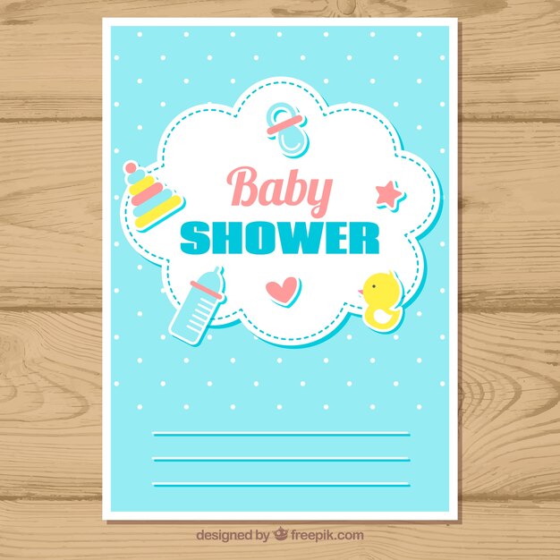 Invitación de fiesta del bebé con juguetes en estilo plano