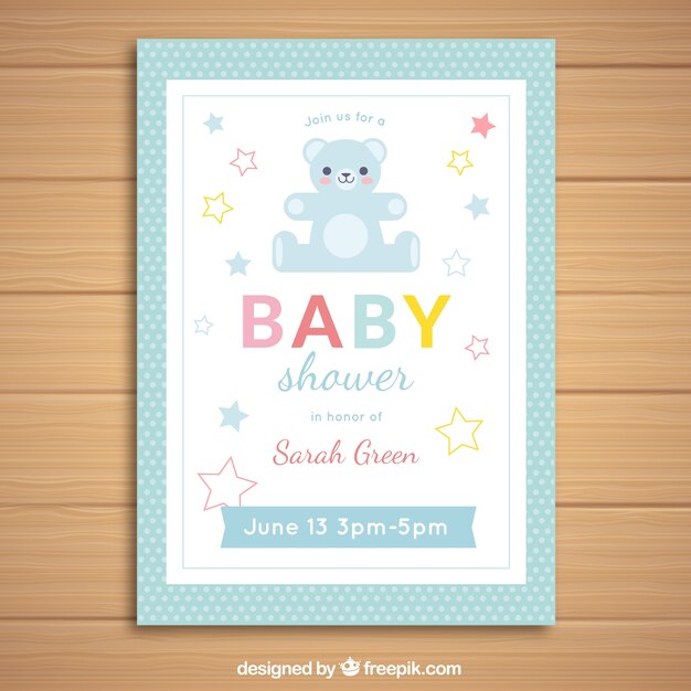 Invitación de fiesta del bebé con oso de peluche en estilo plano