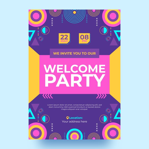 Invitación de fiesta de bienvenida de diseño plano