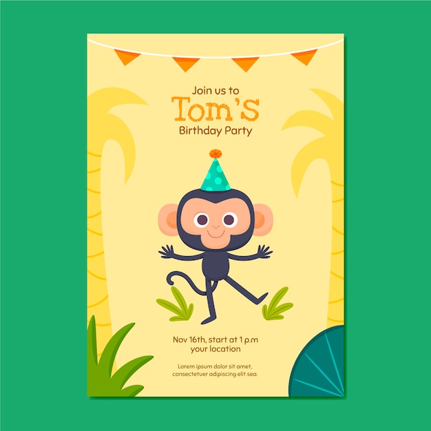 Invitación de fiesta de cumpleaños de la selva dibujada a mano con mono