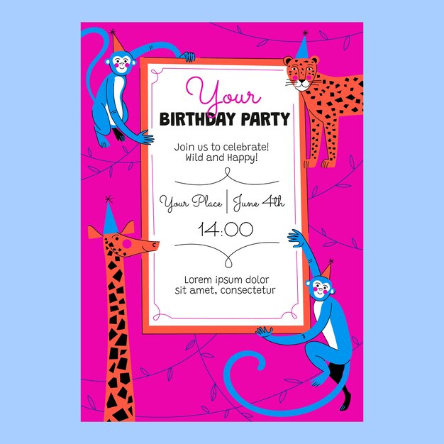 Invitación fiesta de cumpleaños selva dibujada a mano