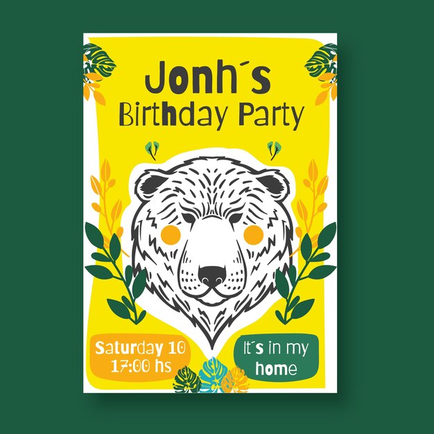 Invitación de fiesta de cumpleaños de selva de dibujos animados dibujados a mano