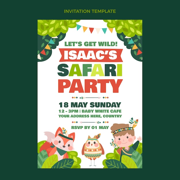 Invitación de fiesta de cumpleaños de selva de dibujos animados dibujados a mano