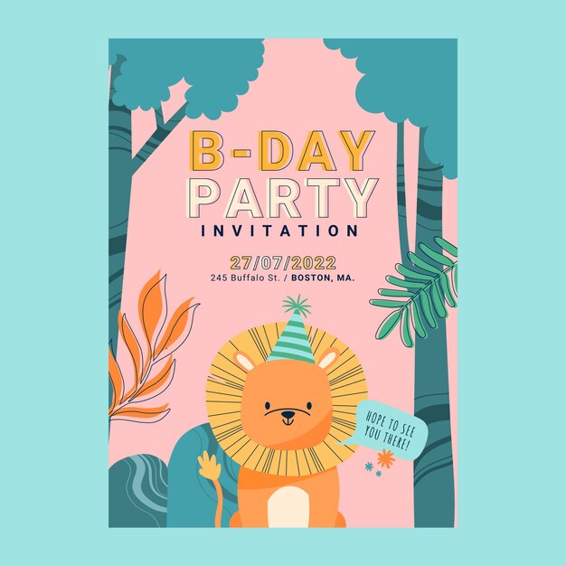 Invitación de fiesta de cumpleaños de selva de diseño plano dibujado a mano