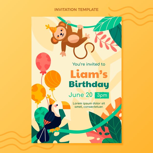 Invitación de fiesta de cumpleaños de la selva de diseño plano