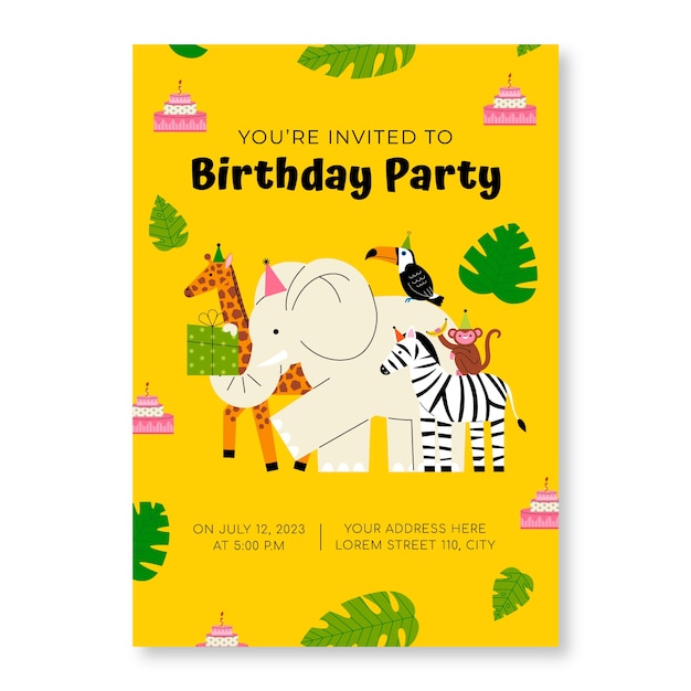Invitación fiesta de cumpleaños selva plana dibujada a mano