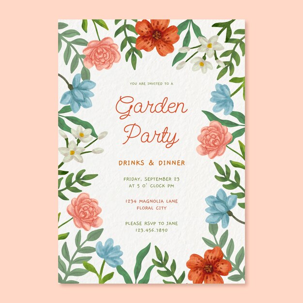 Invitación para fiesta de jardín con acuarelas