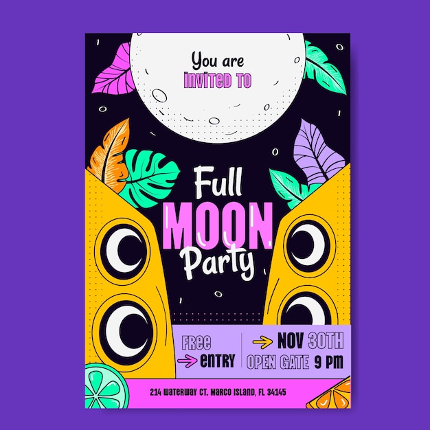 Vector gratuito invitación a una fiesta de luna llena dibujada a mano