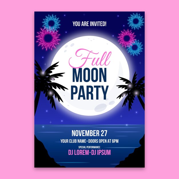 Invitación a fiesta de luna llena de diseño plano