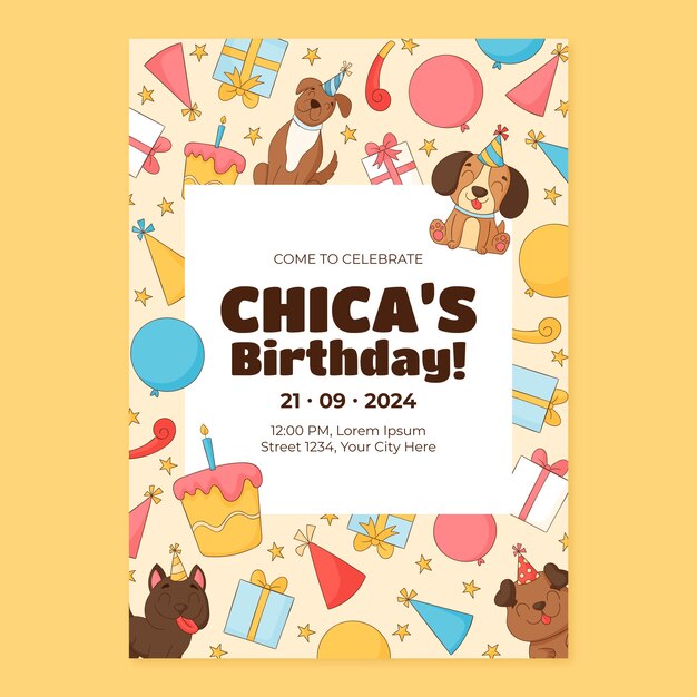 Invitación de fiesta en la piscina para perros dibujada a mano