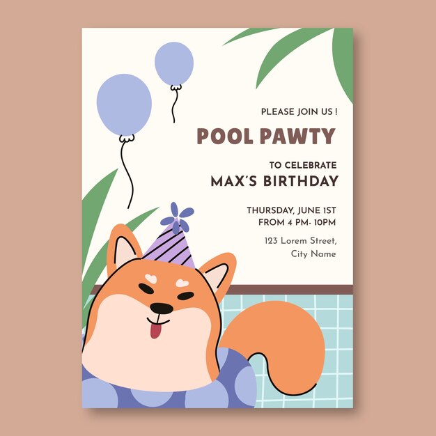 Invitación de fiesta en la piscina para perros dibujada a mano