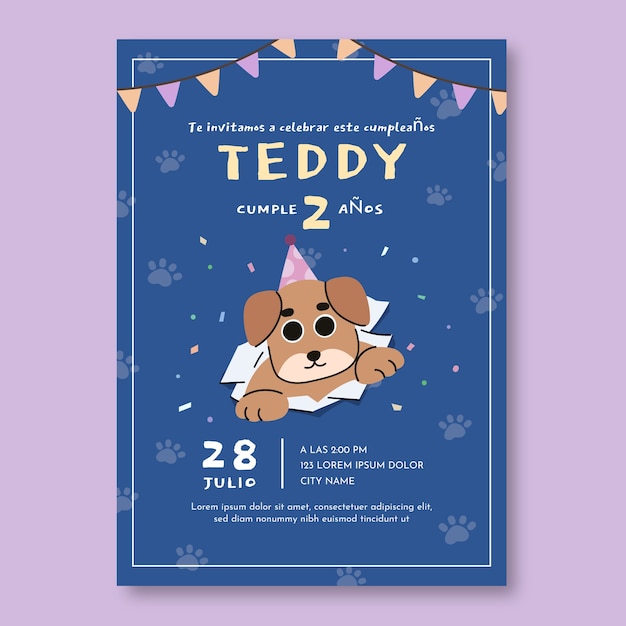 Invitación de fiesta en la piscina para perros dibujada a mano
