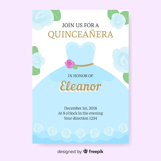 Vector gratuito invitación a fiesta de quinceañera con vestido azul