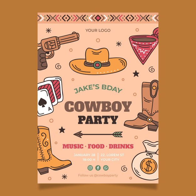 Invitación fiesta vaquera dibujada a mano