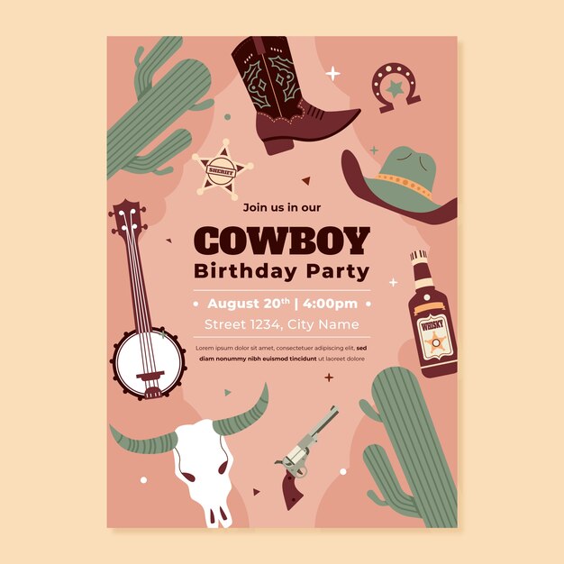 Invitación de fiesta vaquera de diseño plano