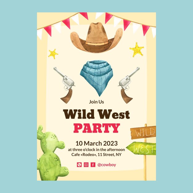 Invitación de fiesta de vaquero en acuarela