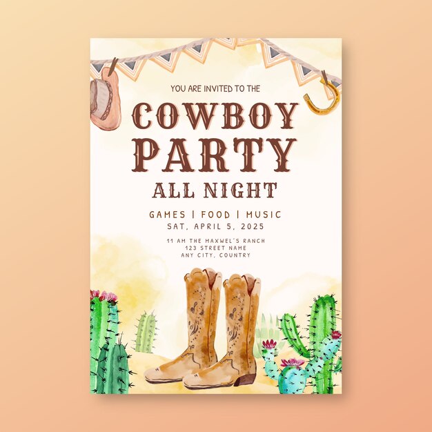 Invitación de fiesta de vaquero en acuarela