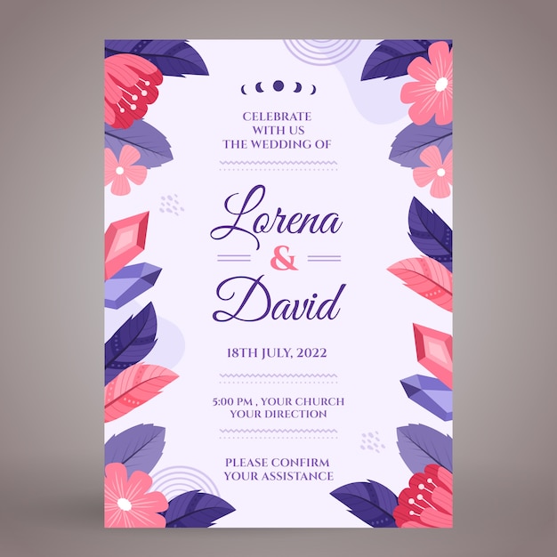 Invitación floral de boda boho dibujada a mano