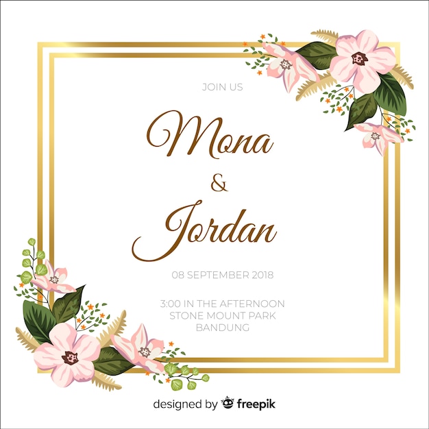 Invitación floral de boda con marco dorado