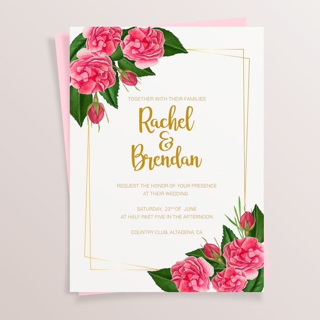 Invitación floral de boda con rosas acuarelas.