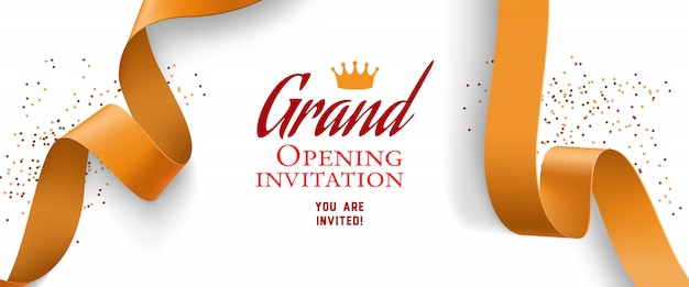 Invitación de gran inauguración con confeti, cintas de oro