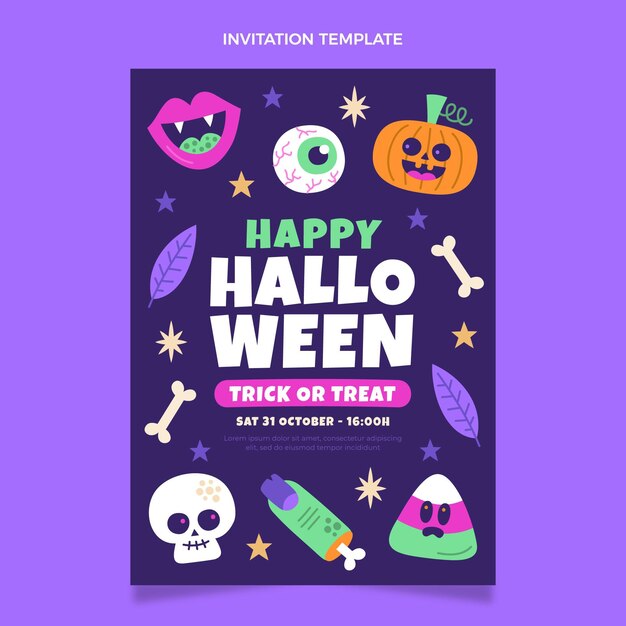Invitación de halloween de diseño plano dibujado a mano
