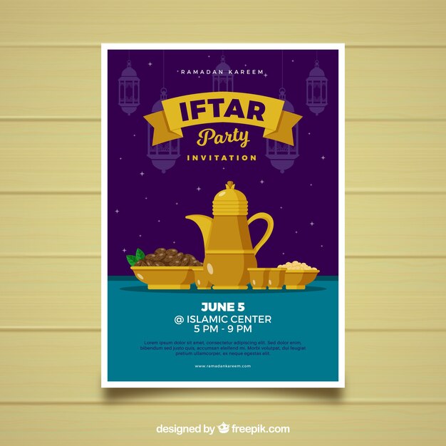 Invitación de Iftar con comida y té en estilo plano
