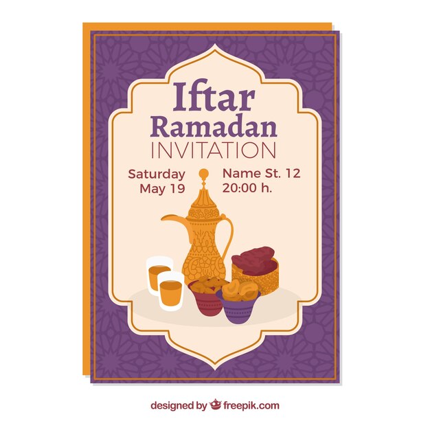 Invitación de iftar con comida y té en estilo plano