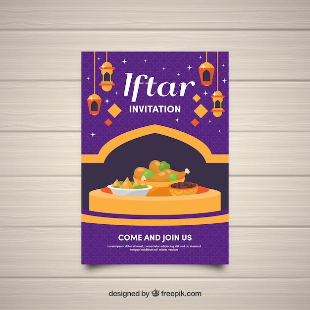 Vector gratuito invitación de iftar con comida y té en estilo plano