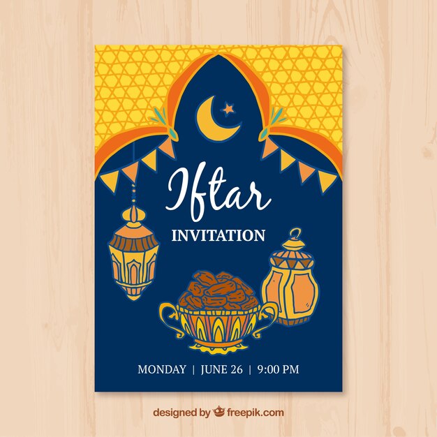 Invitación iftar con lámparas arábigas y comida